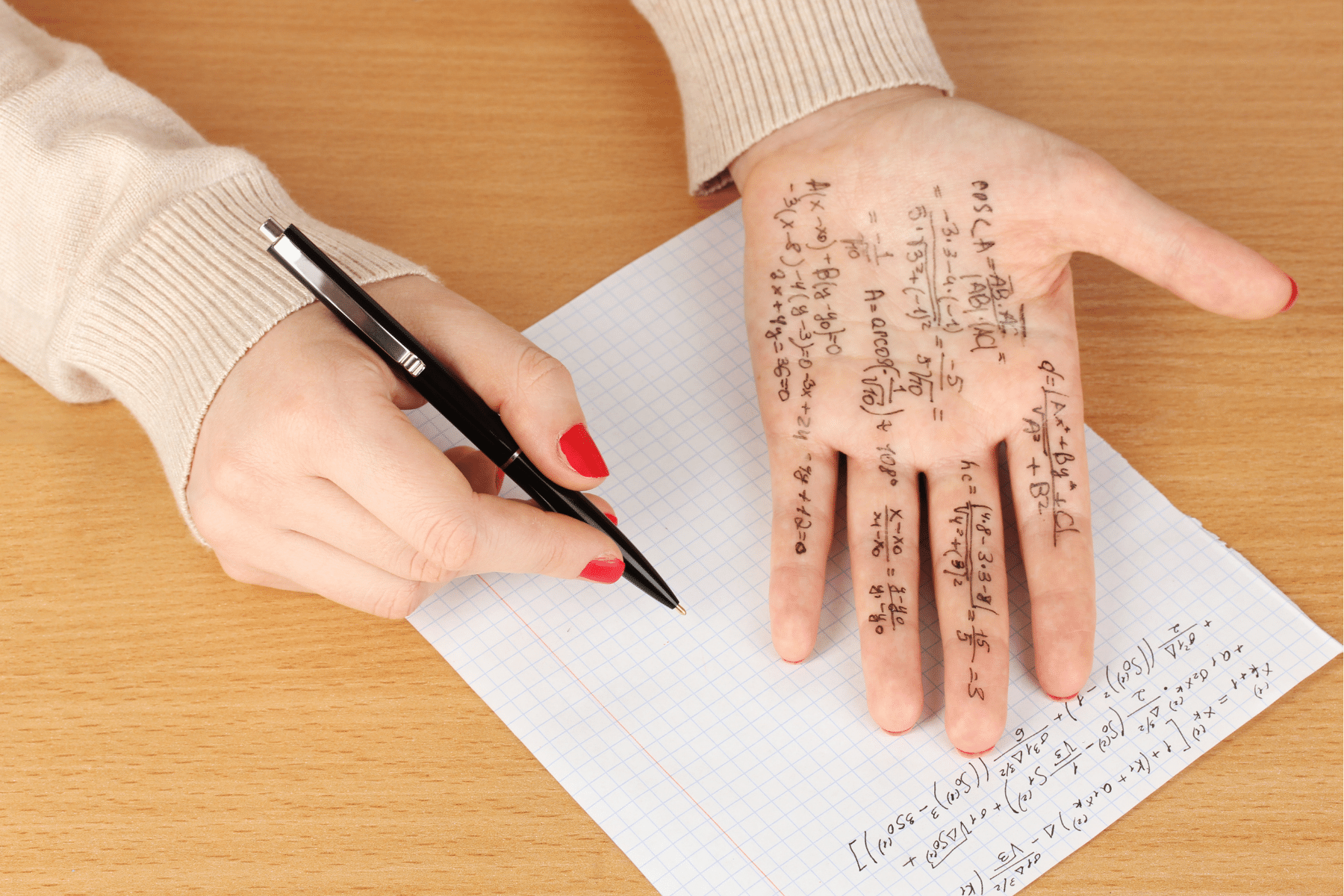 photo of a left hand where different math equations are writting on the palm